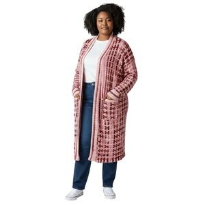 Blue Waters XL Long Cardigan‎ Pink Red Plaid Hooded Knit Sweater Chunky Fall D